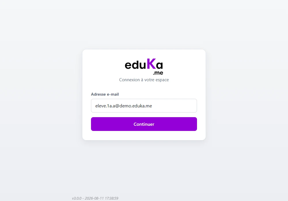 Écran de connexion d'eduKa demandant seulement une adresse e-mail, sans champ de mot de passe.