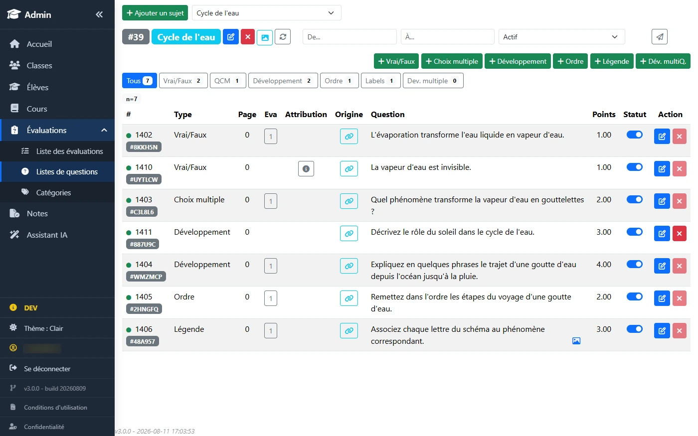 Banque de questions d'eduKa filtrée par thème, montrant des questions de types Vrai/Faux, choix multiple, ordre et développement.